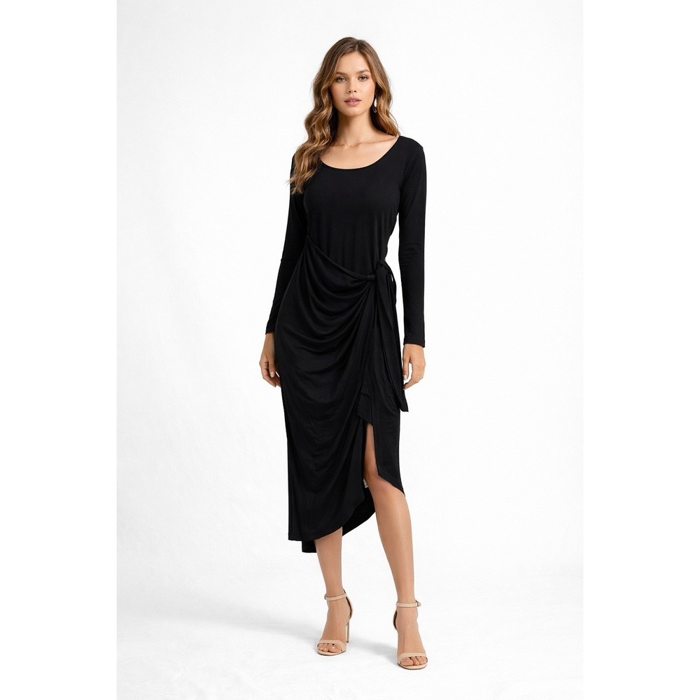 CUPSHE Black Ruched Wrap Midi‎ Dress NWT XS Long Sleeve Asymmetrical Bodycon